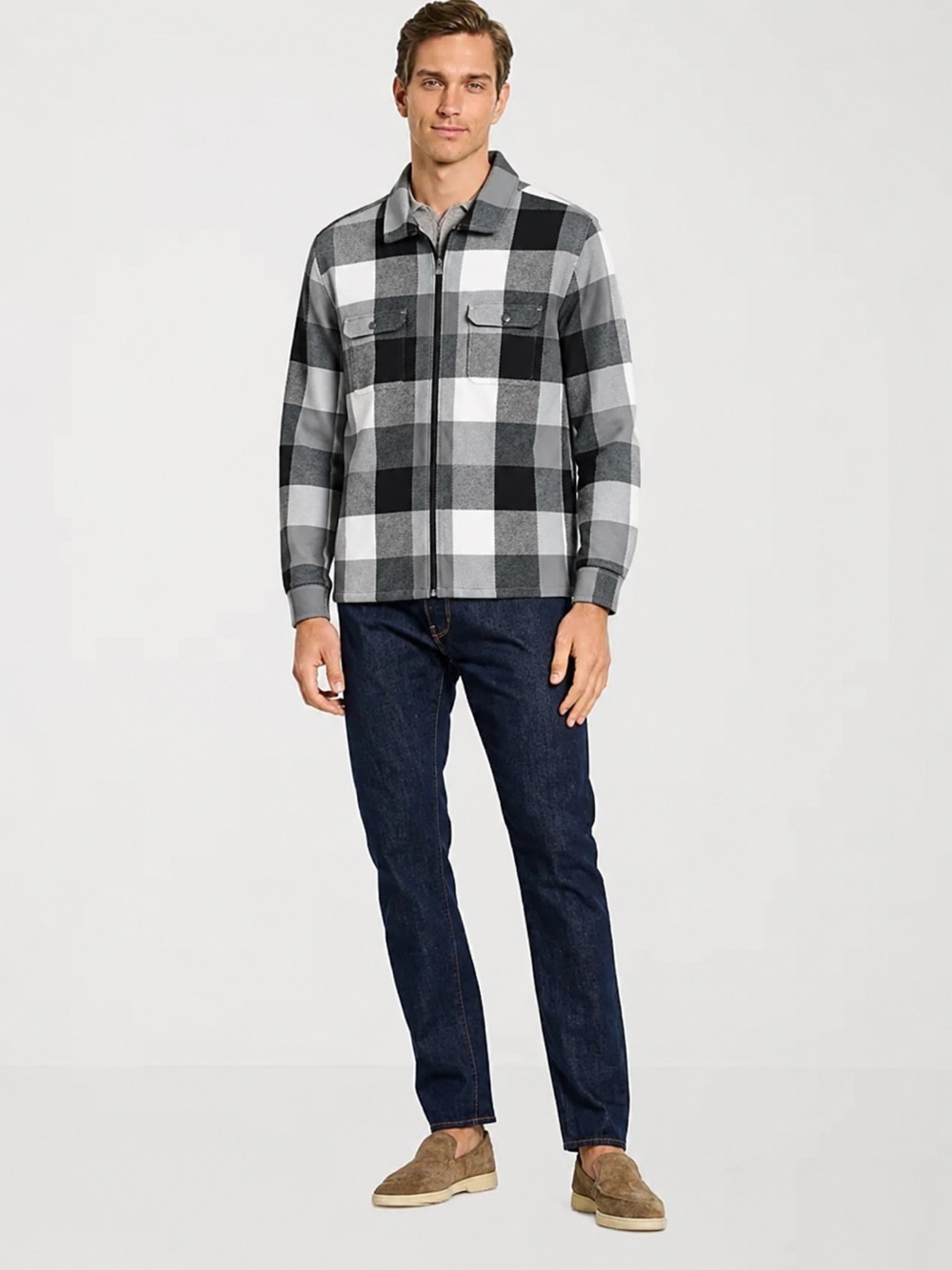 Van Heusen black and white plaid zip-front shirt jacket